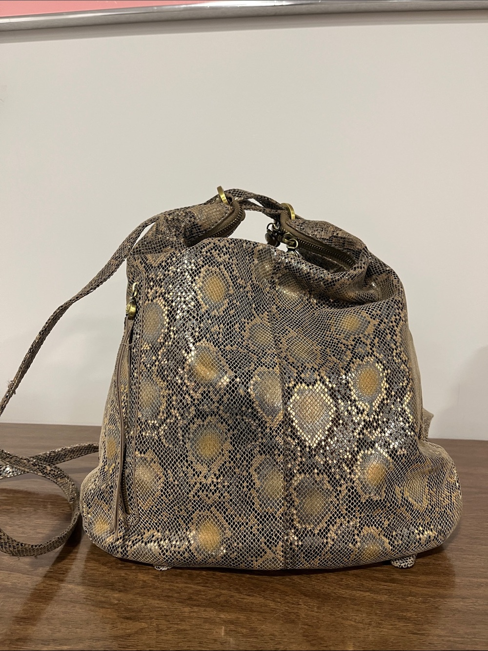 HOBO Snake-Print Shoulder Bag in Brown and Gold